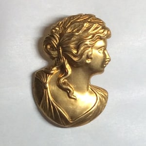 Art nouveau Greek Roman matron lady flowing hair raw brass brooch pin vintage finding