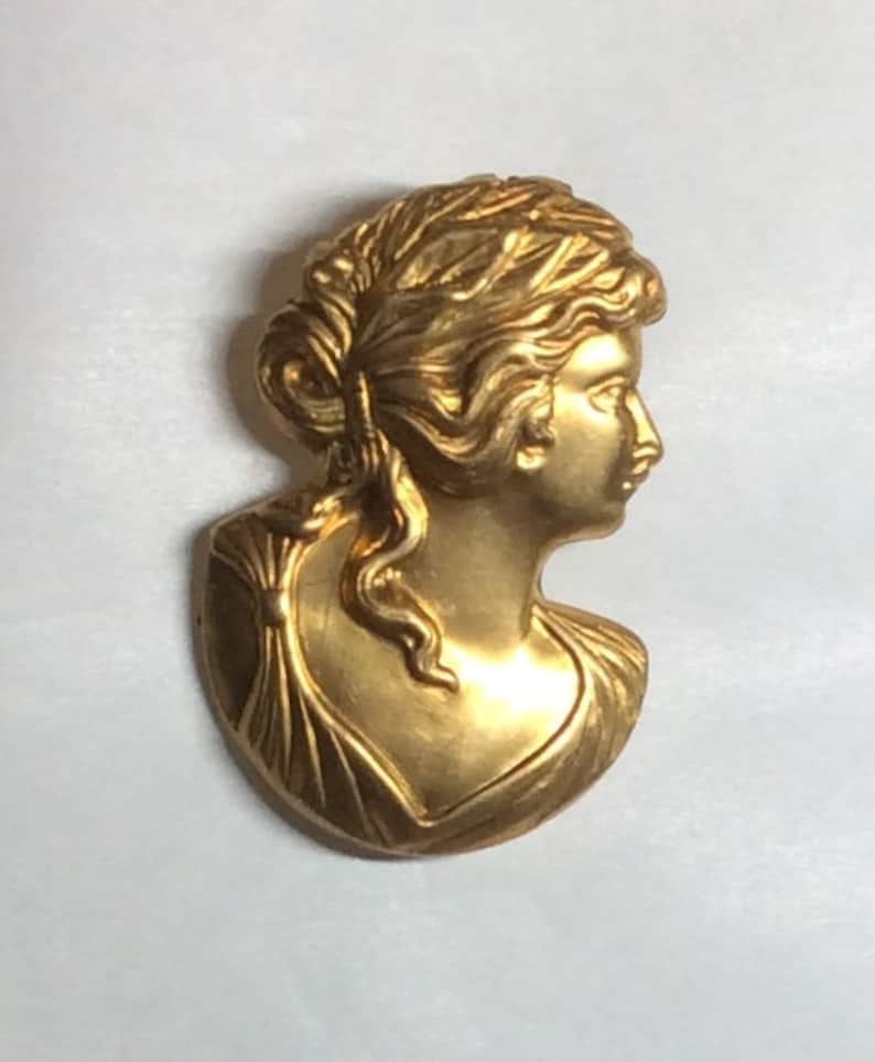 Art Nouveau Greek Roman Matron Lady Flowing Hair Raw Brass Brooch Pin ...