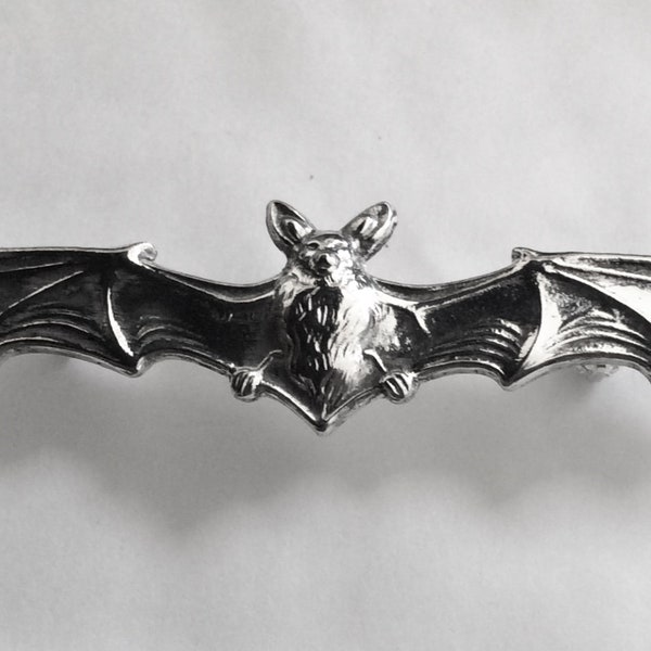 Vampire Bat long Wing silver plated brooch pin Gothic wide wings, French vintage brooch