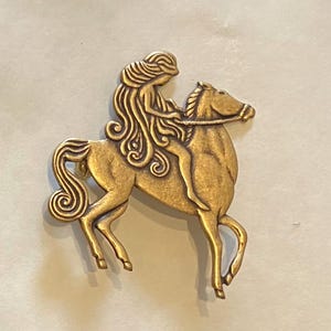 Art nouveau Lady Godiva and horse brooch flowing hair antiqued bronze brooch pin vintage finding