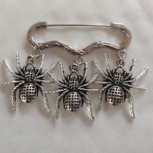 Three spider insect bug charm silver tone brooch / pin