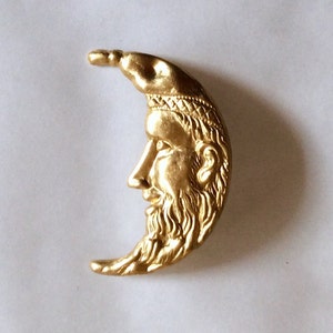 Man in the moon brooch pin raw brass vintage finding handmade
