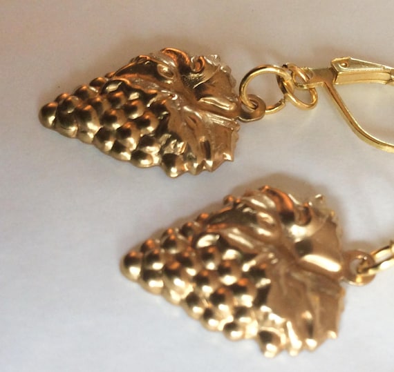Bunch of Grapes Earrings Vintage Raw Brass for Pierced Ears Wine