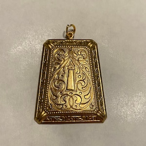 Vintage watch fob trapezoid etched scroll design raw brass pocket watch chain charm pendant 1930s
