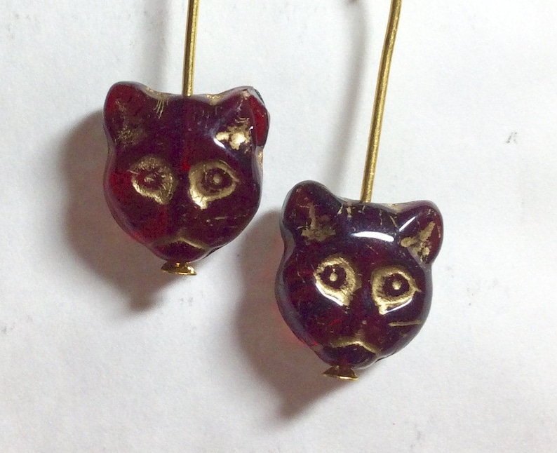 Bohemian red glass cat kitten earrings gold tone dangle for pierced ears nickel free