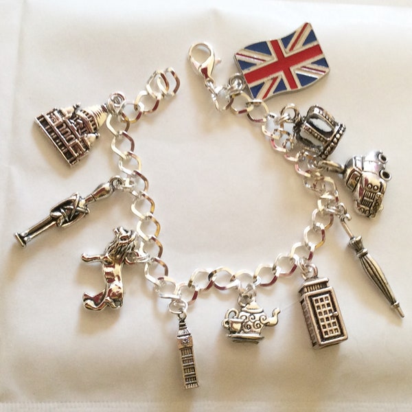 London Great Britain UK souvenir British Isles icons silver tone charm bracelet 21cm choice of length