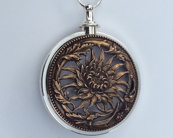 Chrysanthemum pomander fragrance pendant Art Nouveau style hand stamped copper /bronze tone with  50cm brown  suede chord