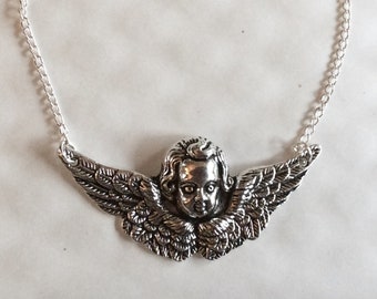 Cherub / Schutzengel-Halskette silberfarben Engelskopf mit Flügeln Celestial 18,5 cm Gesamtlänge 47 cm