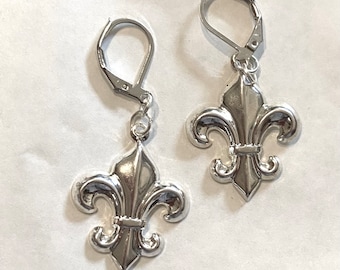 Fleur de Lys silver tone earrings gift handmade for pierced ears nickel free