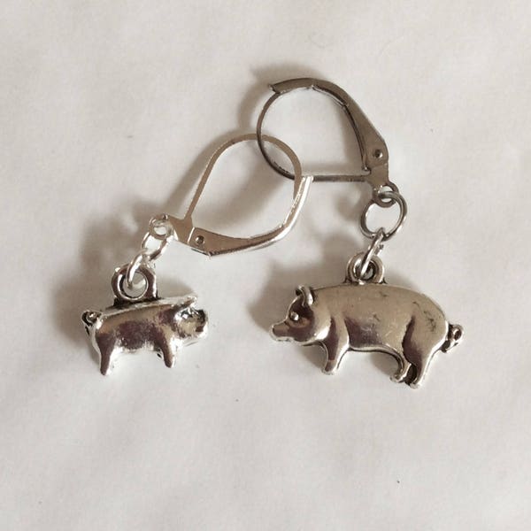 Pig sow and piglet piggy earrings handmade silver tone charm