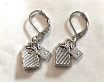 Tea lover earrings silver tone tea  bag charms for pierced ears with lever back fittings