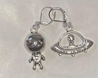 Alien and  spaceship I want to believe extra terrestrial UFO silver tone handmade earrings for pierced ears nickel free
