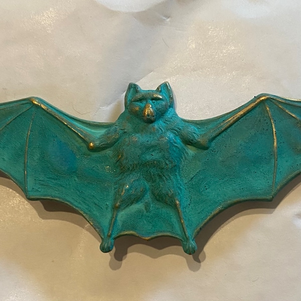 Vampire Bat verdigris wide wings brooch pin vintage green verdigris finish Halloween Gothic Evil bat