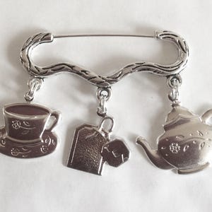 Time for Tea Cup of Tea charm silver tone brooch / pin Teapot, tea cup and tea bag charms
