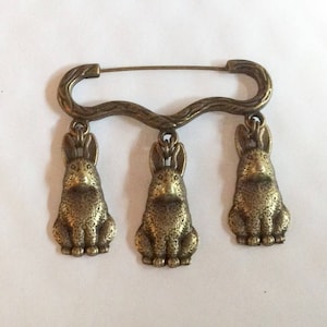 Three Bunnies Rabbit charm bronze tone brooch / pin