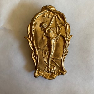 Flower fairy art nouveau vintage big raw brass brooch pin