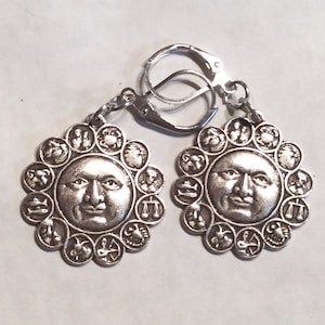 Moon and Zodiac star signs astrological Horoscope earrings silver tone handmade for pierced ears nickel free