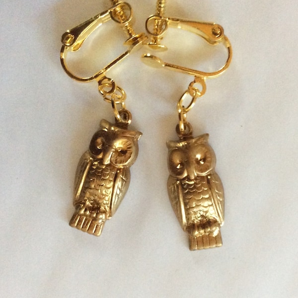 Owl raw brass gold tone handmade earrings screw fitting for non pierced ears nickel free