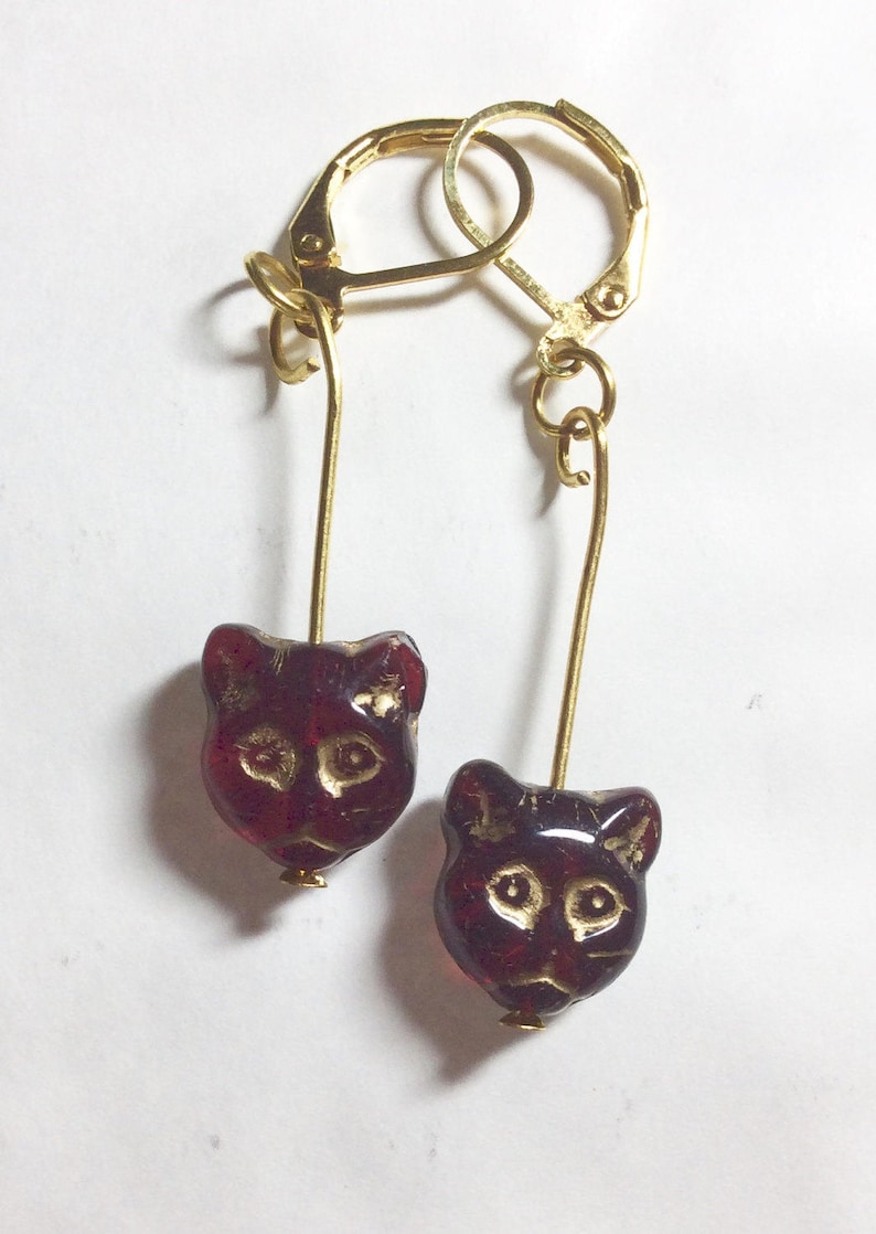 Bohemian red glass cat kitten earrings gold tone dangle for pierced ears nickel free