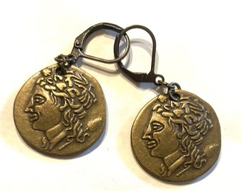 Greek Alexander the Great coin double sided earrings replica coin brass tone lever back for pierced ears