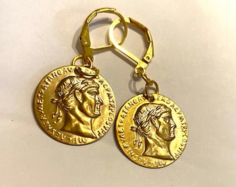 Roman emperor coin earrings replica coin raw brass gold tone lever back for pierced ears