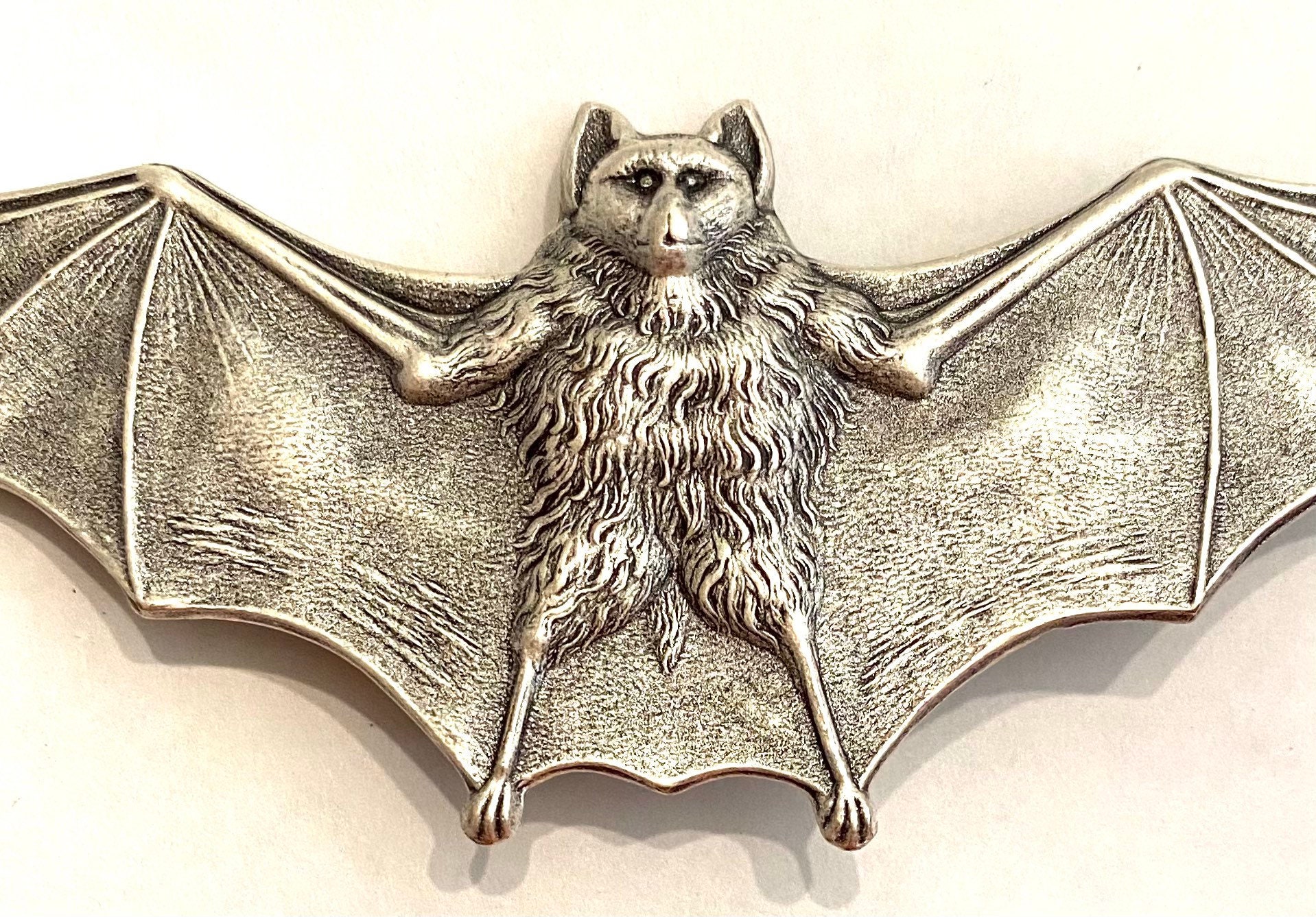Vampire Bat wide wings brooch pin vintage silver oxide finish Halloween Gothic Evil bat