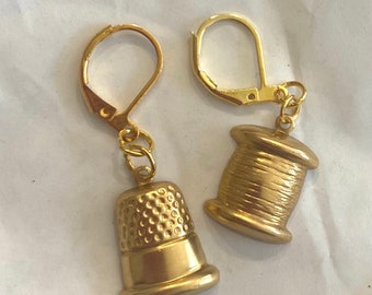 Thimble and cotton reel earrings sewer's gift charm raw brass gold  tone quilter gift for pierced ears