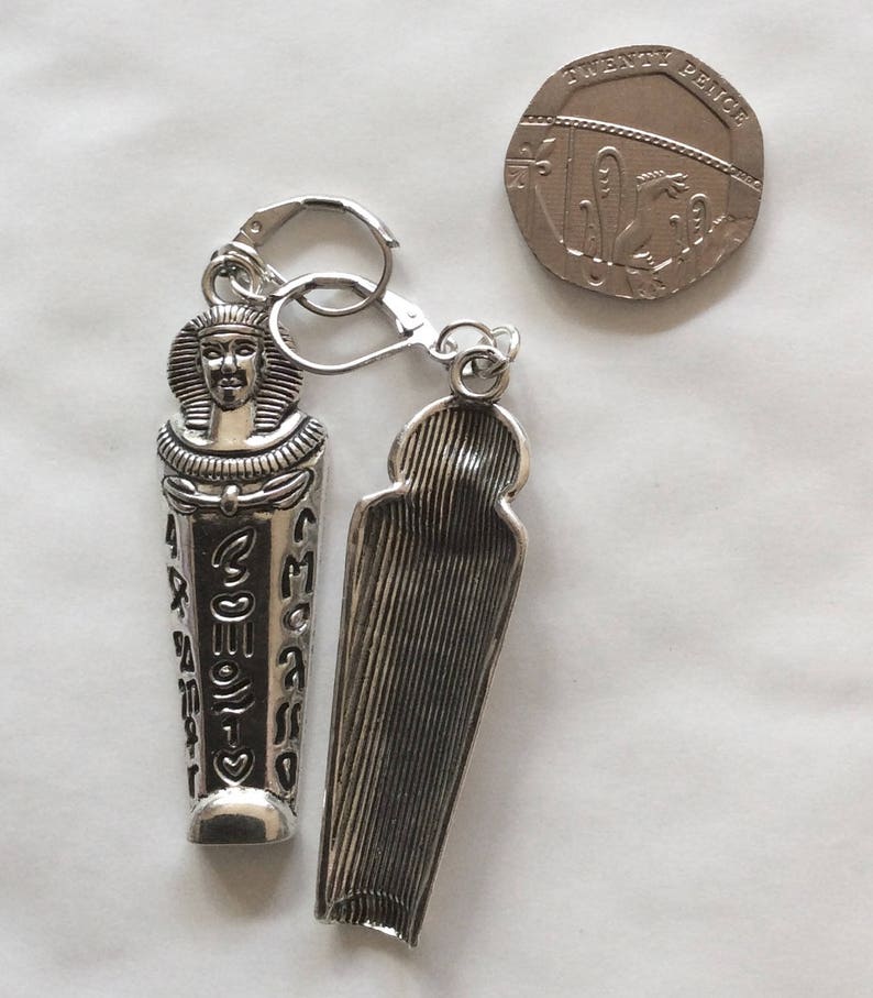 Mummy pharaoh sarcophagus earrings Egyptian Large silver tone Etsy