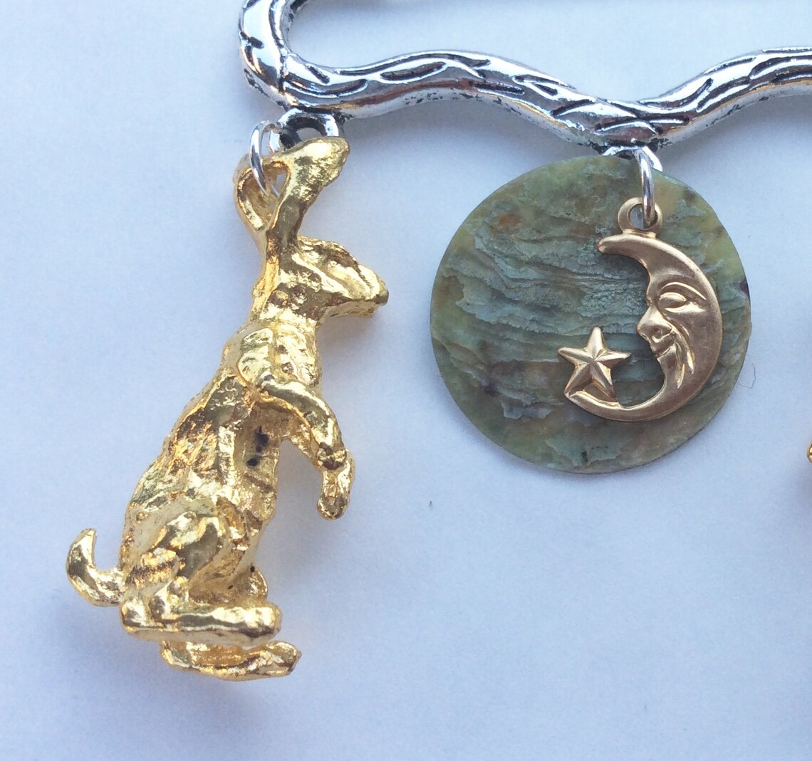 Moon Gazing Rabbits Star Gazer Hares Gold Tone Midnight Sky Shell ...