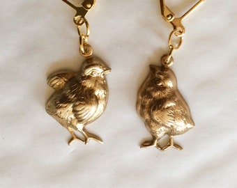 Chubby chick 3D raw brass handmade earrings for pierced ears nickel free