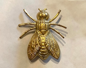 Fly bug charm raw brass gold tone brooch / pin made from vintage finding