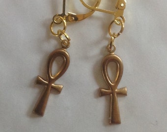 Ankh Egyptian SMALL earrings raw brass Egypt style for pierced ears nickel free