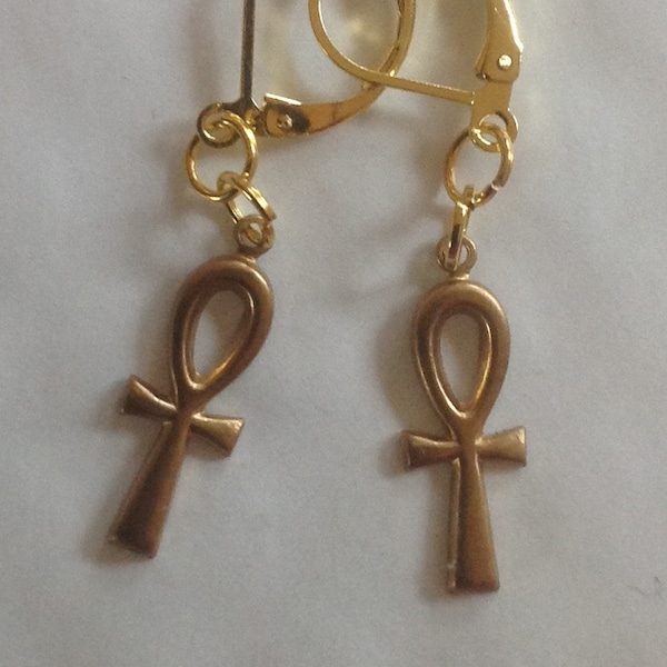 Ankh Egyptian SMALL earrings raw brass Egypt style for pierced ears nickel free