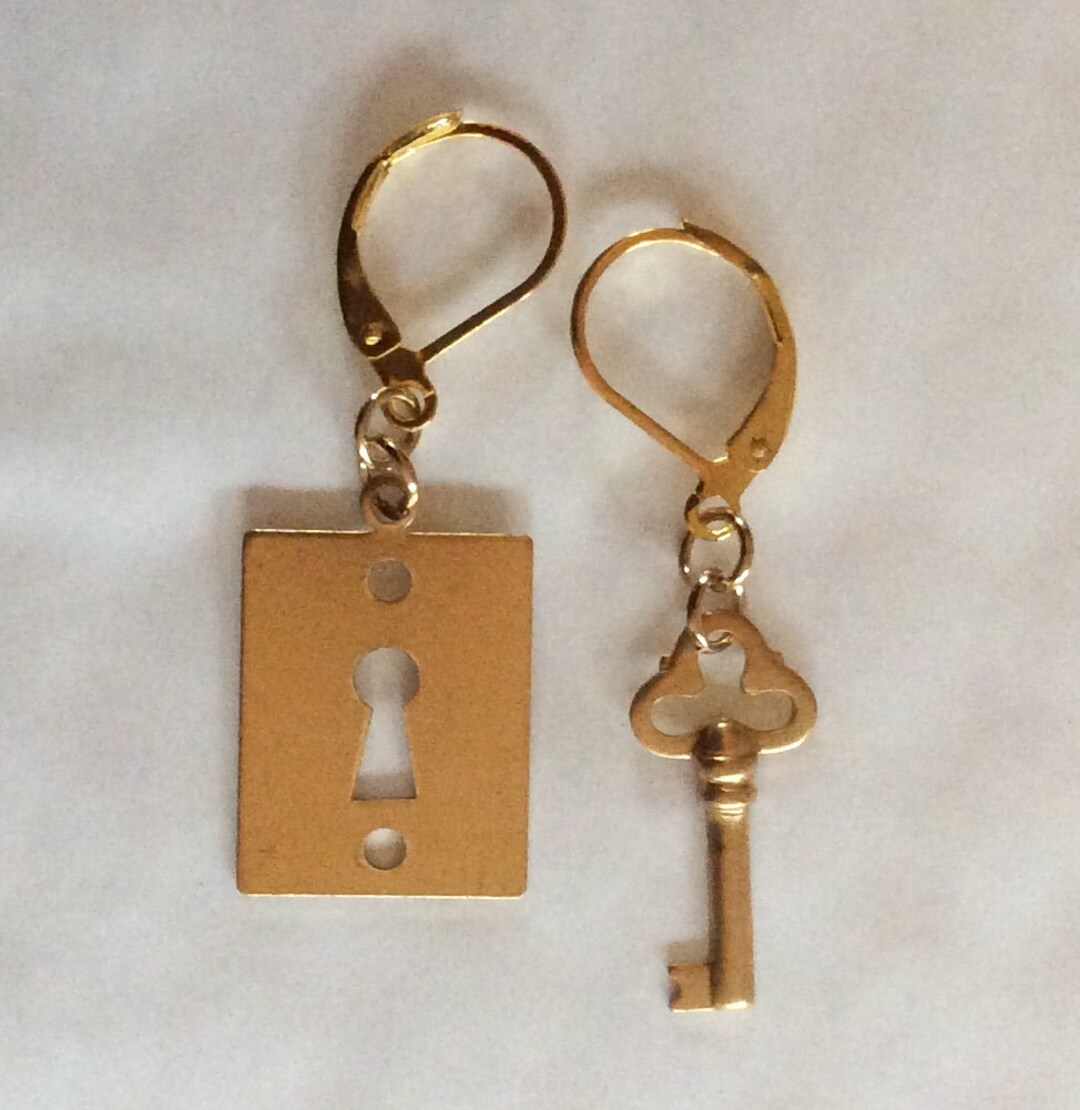 Key and Lock Raw Brass Gold Tone Handmade Earrings for Pierced Etsy