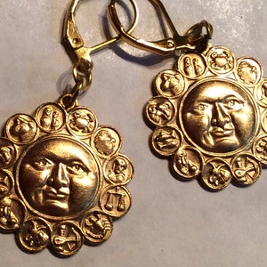 Moon and Zodiac star signs astrological Horoscope earrings gold tone handmade for pierced ears nickel free