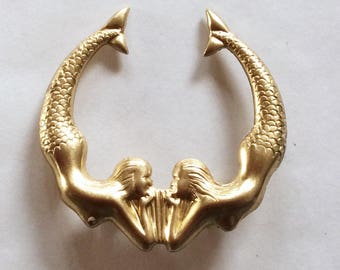 Mermaids raw brass brooch/pin Twin mermaids, Two mermaids vintage finding brooch fastening