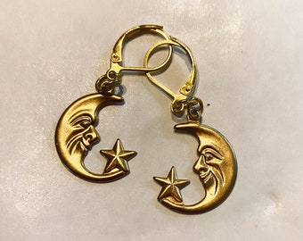 Crescent moon and star matt gold tone handmade earrings for pierced ears nickel free