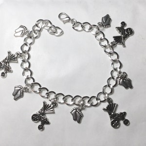 Baby pram stroller and baby feet steam punk silver tone bracelet 19-21 cm option