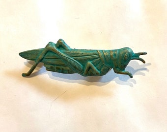 Grasshopper bug charm verdigris finish  over brass  small  brooch / pin made from vintage fitting