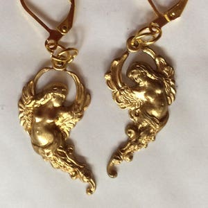 Angel flying guardian angel  cherub earrings raw brass handmade detailed for pierced ears nickel free