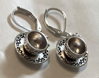 Tea lover earrings silver tone tea cup charms for pierced ears with lever back fittings