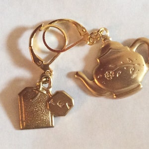 Tea lover earrings raw brass floral Teapot, tea  bag charms for pierced ears with lever back fittings