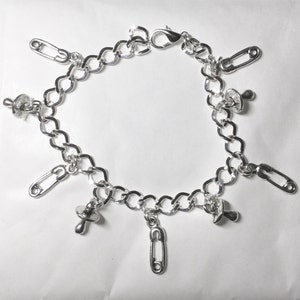 Baby charm bracelet pregnancy with nappy pin, diaper pin, dummy pacifier silver tone 19-21 cm option
