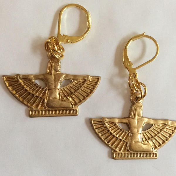 Egyptian raw brass winged Isis god goddess handmade earrings for pierced ears nickel free