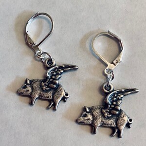 Pigs might fly, earrings flying pigs antique silver plated charms for pierced ears little piggy