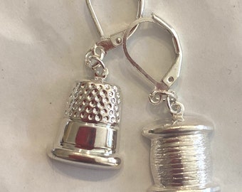 Thimble and cotton reel earrings sewer's gift charm silver tone quilter gift for pierced ears