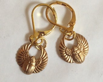 Scarab beetle Egyptian earrings raw brass for pierced ears nickel free