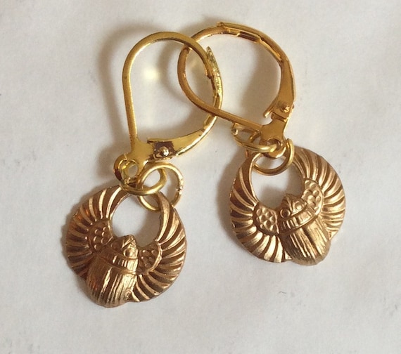 Scarab beetle Egyptian earrings raw brass for pierced ears nickel free