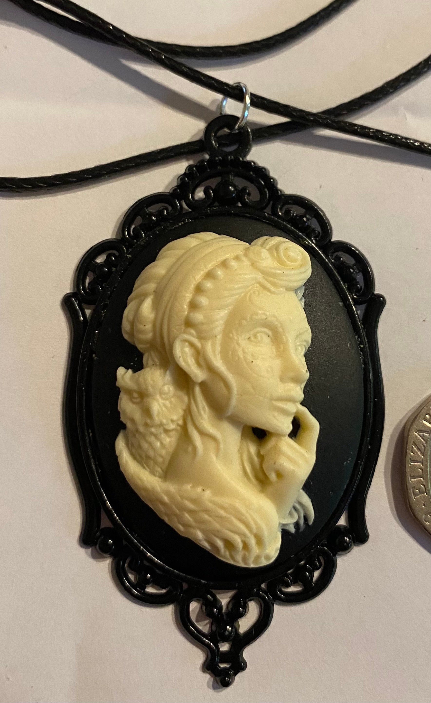 Bride of Frankenstein Vampire bride with owl black and cream resin cameo black tone pendant and blac