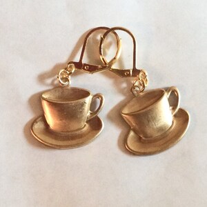 Time for Tea earrings raw brass tea cup charms for pierced ears